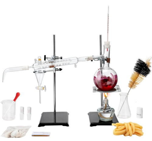 VEVOR Essential Oil Distillation Kit, 500ml Distillation Apparatus, 3.3 Boro Lab Glassware Distillation Kit with Alcohol Lamp, Ceramic Mesh and 24, 40 Joint, 28 pcs Set New In Box $199