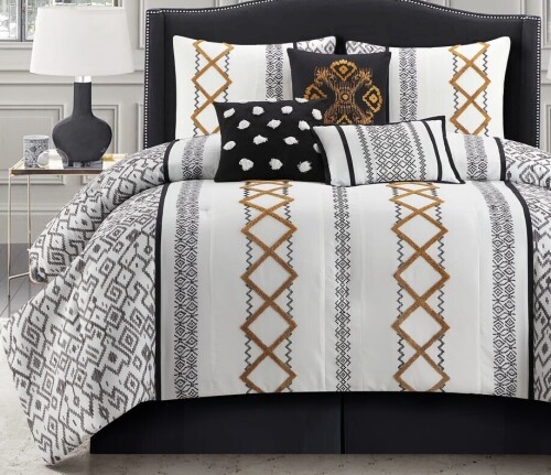 Lanco Luxury Black Gold Comforter Set King Size, 7 Piece Terry embroidery, All Season Bedding Set New In Box $199