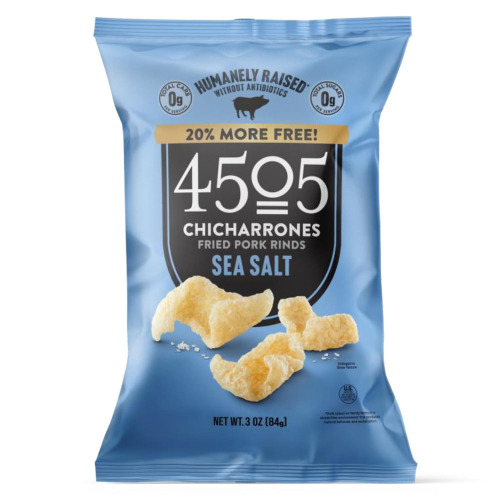 4505 Sea Salt Seasoned Chicharrones, Fried Pork Rinds - Sea Salt Flavored Pork Skins - Low Carb, Gluten-Free, Protein Snack - 3 oz