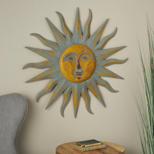 Deco 79 Metal Sun Indoor Outdoor Distressed Wall Decor with Copper-Like Accents and Grooves, 35" x 1" x 35", Gold New in Box $99
