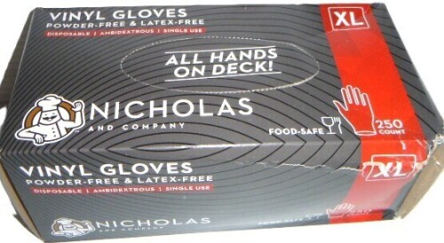 Nicholas and Company Powder Free Vinyl Glove Size XL, 250 Count New In Box