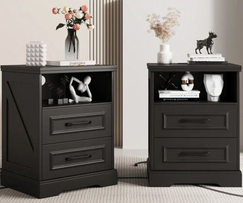 Lark Manor Valera Farmhouse 2-Drawer Nightstand with Charging Station and Open Storage Shelf, 17.7" W, Black, New in Box $699