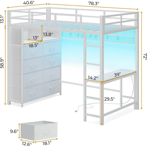 Isabelle & Max Loft Bed With Desk And 8 Storage Drawers, Metal Loft Bed With Led Lights & Charging Sation, Storage Shelves, 13.1" H Safety Guard & Ladder, No Box Spring Needed, New in Box $499