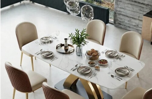 Mercer41 Dashon Modern Rectangular Sintered Stone Dining Table with Gold Stainless Steel Base (2 Boxes) New in Box $1299