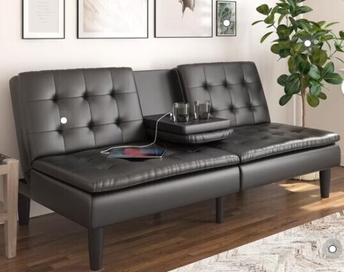 Mainstays Memory Foam 71.5 in Futon with Cupholder and USB, Black Faux Leather New in Box $599