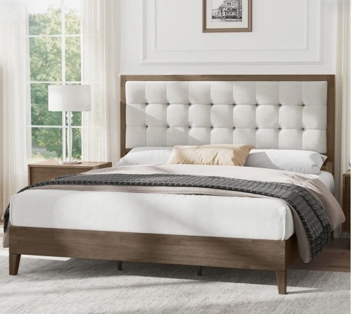 Wade Logan Behka Queen Solid Wood Platform Bed with Upholstered Tufted Headboard, Ash Gray New in Box $499