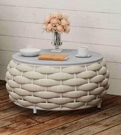 TWT Beige Round Olefin Woven Rope Aluminum Patio Outdoor Coffee Table with Rock Slabs New In Box $299