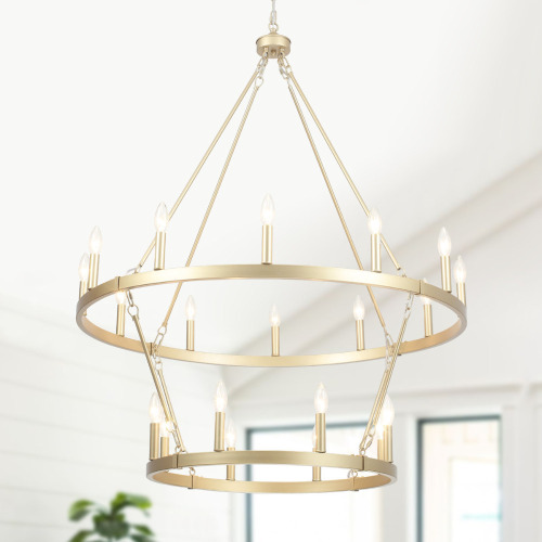 Gracie Oaks Wiam 40 in. 20 Light 2-Tiers Candle Style Dimmable Farmhouse Wagon Wheel Chandelier for Entryway Living Room Bedroom Foyer New Open Box $1299