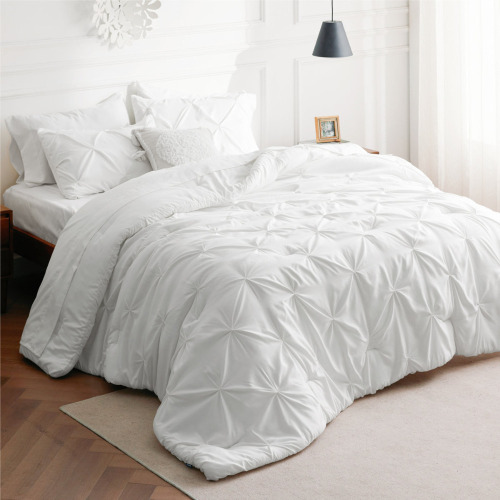 Bedsure Twin/Twin-XL Pintuck Bed-in-a-Bag - Pure White Pinch Pleat Comforter Set with Sheets, Pillowcases & Shams for Dorm Room (7-Piece Set) New In Box $199