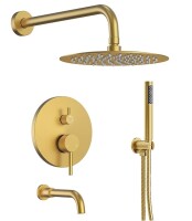 EVERSTEIN 10-Inch High-Pressure Rainfall Shower System 3-in-1 Tub Faucet Set with Pressure Balanced Valve in Brushed Gold $499