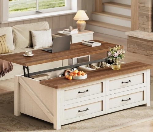 Rosalind Wheeler 47.2" Lift Top Coffee Table with 4 Drawers, Farmhouse Wood Living Room Center Table with Large Hidden Storage Space, Rustic Lift Table for Laptop & Dining, White + Brown New in Box $499