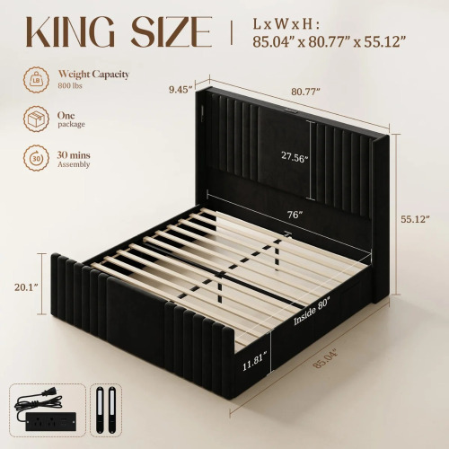 Mercer41 Velvet Upholstered Wingback Platform Bed, King Size, Black $999
