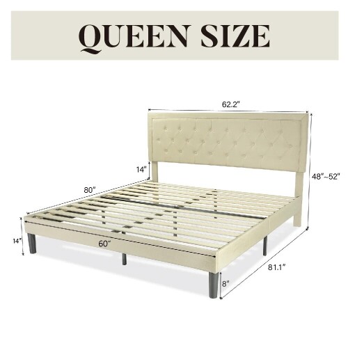 Mercury Row Hegg Tufted Upholstered Platform Bed with Wood Slats Headboard Included, Queen, Light Beige, New in Box $1,099