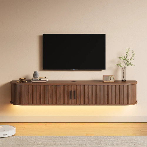 Ebern Designs Floating TV Stand With RGB Lights, 63" Wall Mounted TV Shelf, Walnut, New in Box $299