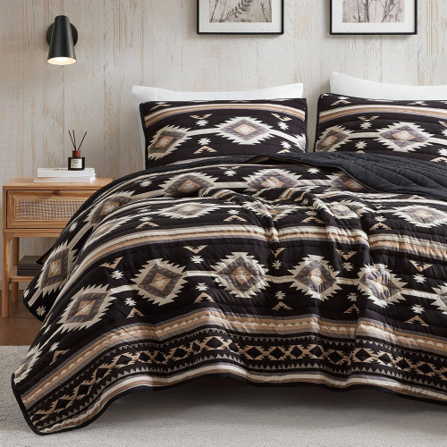 Woolrich Quilt Set King/Cal-King, Southwestern Aztec Bedding, Reversible Lightweight Bedspread, Oversized Rustic Cabin Quilt Set, Western Farmhouse Bedding with Matching Shams, Black New In Box $299