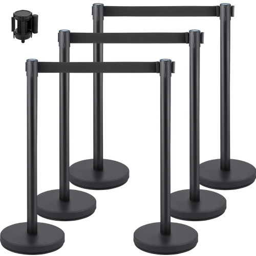 VEVOR Crowd Control Stanchion, Set of 6 Pieces Stanchion Set, Stanchion Set with 6.6 ft/2 m Black Retractable Belt, Black Crowd Control Barrier with Concrete and Metal Base - Easy Connect Assembly New In Box $299