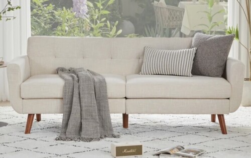 George Oliver 77.2" W Linen Sofa Couch, Mid Century Modern Decor Loveseat Couch in Beige New in Box $699
