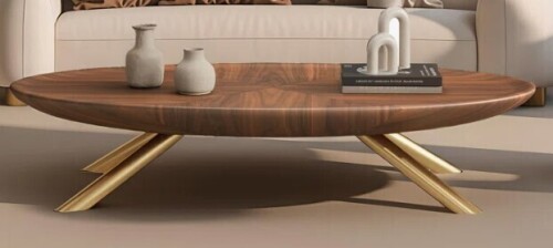 Everly Quinn Chebo Retro Oval Coffee Table with Wood Grain Finish and Gold Metal Legs New in Box $899