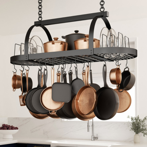 Prep & Savour 48 Inch Large Ceiling Pot Rack with Lid Organizer, Oval Heavy Duty Hanging Pot Rack for Kitchen Over Island with 20 Hooks, Matte Black New in Box $499