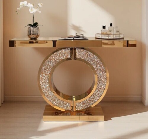 Latitude Run O Shaped Mirrored Console Table With Crystal Entryway Table For Living Room, Foyer, Hallway Entry Home Decor New in Box $699