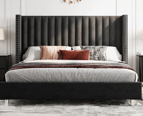 Lark Manor Addesyn King Black Upholstered Platform Bed New in Box $599