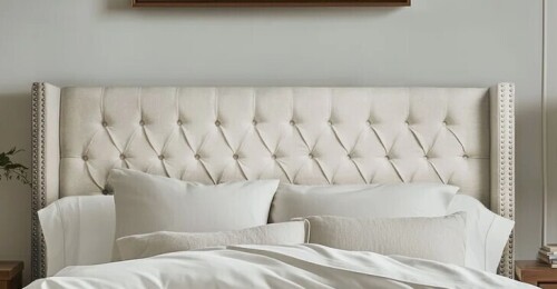 Willa Arlo Interiors Ashwin Cream Wingback King Upholstered Headboard with Button Tufting & Nailhead Trim $699