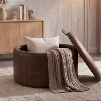 Wrought Studio 27.2'' Upholstered Round Tufted Ottoman With Storage, Dark Brown, New in Box $499