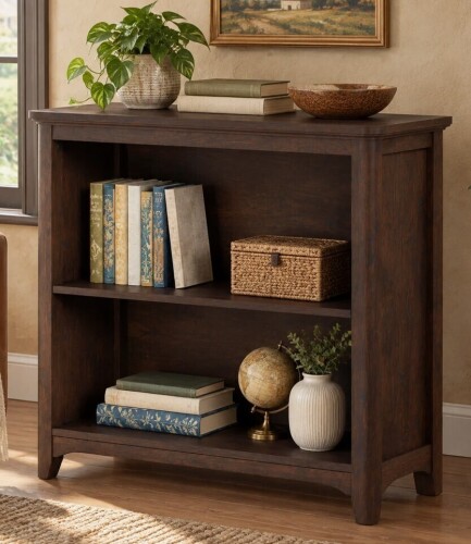 George Oliver Brown Cherry 2-Tier Wooden Bookcase with Curved Edges, Compact 2-Shelf Bookshelf with Adjustable Display and Storage Shelves for Living Room, Small Space, Office, or Entryway New In Box $399