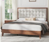 Wade Logan Behka Queen Solid Wood Platform Bed with Upholstered Tufted Headboard,Walnut New in Box $599