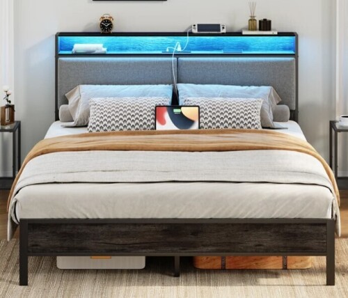 Wrought Studio Jeffory Bed with Storage Headboard and Integrated Charging Station Full Size New in Box $499