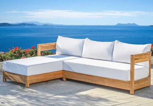 Joss & Main Everlee 99" Sunbrella&reg; Patio Sectional in White & Natural Fsc Teak (2 Boxes) New in Box $5499