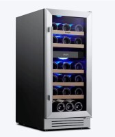 Yeego 15 inch 28 Bottles Dual Zone Under Counter Wine Cooler Compressor Wine Refrigerator Mini Fridge Auto Defrost Quiet Operation Adjustable Wood Racks Double Layer UV Protection Anti Fingerprint Glass Door New in Box $799