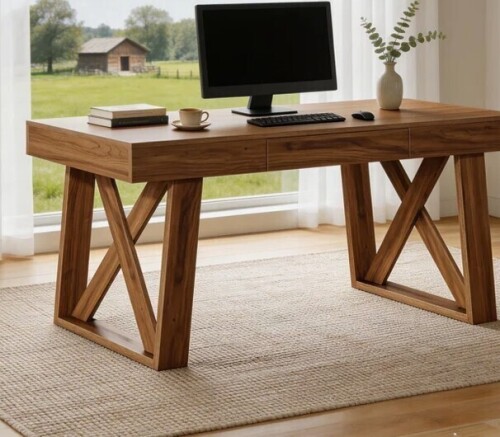 George Oliver 55" Retro Brown Home Office Desk With Drawer, Modern Wood Computer Desk, Sturdy Executive Workstation $399