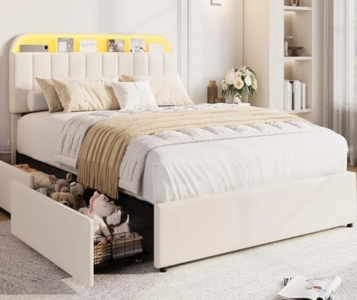Garvee Upholstered Twin Bed Frame with Adjustable Storage Headboard, 2 Drawers, LED Lights, Noise-Free, Easy Assembly, Perfect for Kids or Girls, No Box Spring Needed in Beige New in Box $399