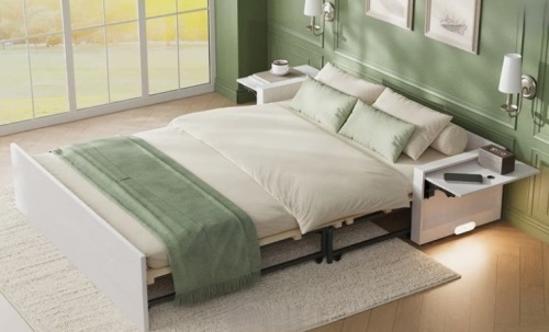 Murphy Bed with 2" Mattress and Nightstands Included, Sofa and Storage Bench Murphy Bed, 3-in-1 Convertible Bed Frame with Charging Port and Nightlight, White Oak New in Box $799