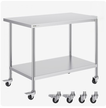 VEVOR Stainless Steel Work Table 30 x 48 x 38 Inch, with 4 Wheels, 3 Adjustable Height Levels, Heavy Duty Food Prep Worktable for Commercial Kitchen Restaurant, Silver New in Box $389