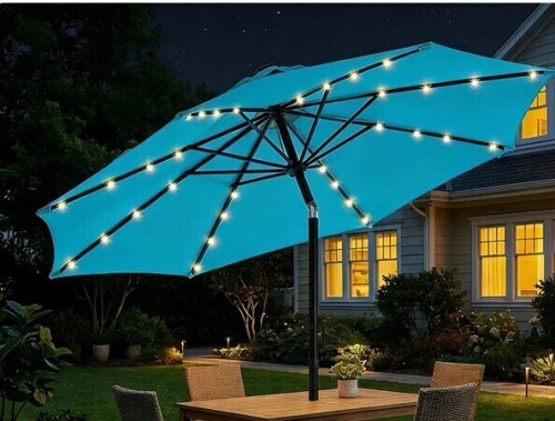 Arlmont & Co Solar LED Lighted Market Patio Umbrella with Base & Push Button Tilt in Aqua New in Box $199