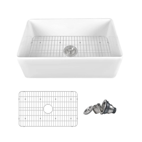 DeerValley Grove 30" L X 18" W Rectangular White Single Basin Fireclay Farmhouse / Apron Kitchen Sink with Grid and Strainer DV-1K510, New in Box $499