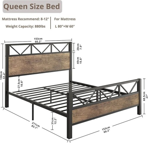 LIKIMIO Queen Bed Frame, Tall Industrial Headboard 51.2 ", Platform Bed Frame with Strong Metal Support, Solid and Stable, Noise Free, No Box Spring Needed, Easy Assembly, Rustic Maple, New in Box $299