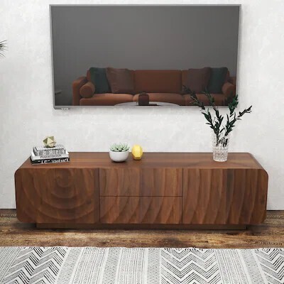 Mid-Century Modern Wave Design TV Stand for TVs up to 60" with 2 Drawers and Storage Cabinet, Walnut, New Open Box $399