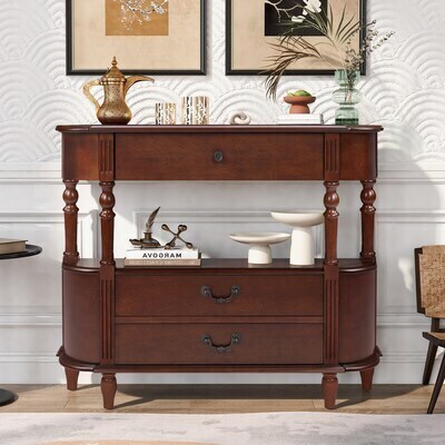 LOVMOR Retro Curved Wood Console Table with 3 Drawers 43" Entry Table with Storage Shelf Sofa Table Behind Couch with Solid Wood Legs for Living Room Hallway Cherry, New Open Box $499