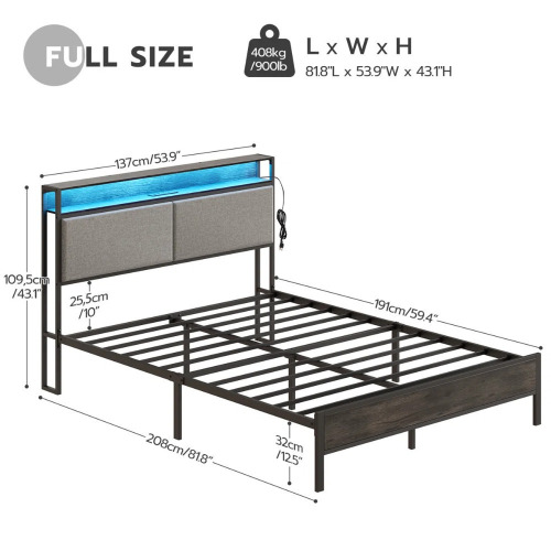 Wrought Studio Jeffory Bed with Storage Headboard and Integrated Charging Station, Full Size, Grey, New in Box $399
