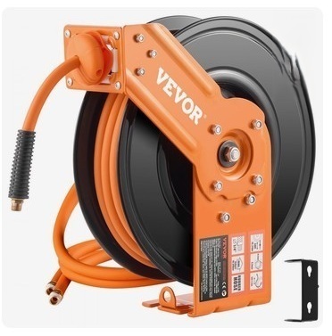 VEVOR Retractable Air Hose Reel, 3/8IN x 50FT Rubber Air Hose Max 300PSI, Air Compressor Hose Reel Auto-Rewind with 5FT Lead in, Ceiling/Wall Mount Heavy Duty Single Arm Reel & 180&deg; Swivel Bracket New in Box $139