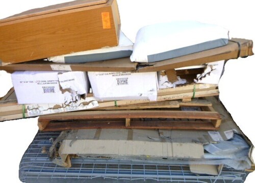 Pallet of Rack Shelving, Cabinets, Vanity Tops and Misc