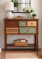 Red Barrel Studio&reg; Fienley Vintage 5-Drawers Brown Console Table With Artistic Mixed-Color, Open Storage Shelf New In Box $1099