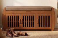 Canora Grey Brown Bamboo Shoe Storage Bench with Side Shelves & Hidden Seat Compartment &ndash; Entryway Bench for Several Pairs of Shoes, Lift-Top Cushion, Grille Doors New Shelf Pull $199