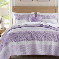 Madison Park Quilt Set, Seersucker Floral Coverlet for Full/Queen Size Bed, All Season Lightweight Bedding, Farmhouse Quilt Set, Vermicelli Quilting, Throw Pillow, Caralie, Full/Queen Purple 4 Piece New In Box $199
