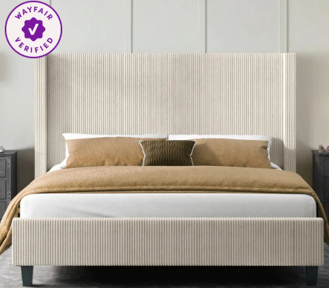 Latitude Run Wauseon Corduroy Upholstered Bed king size in tan new open box $399