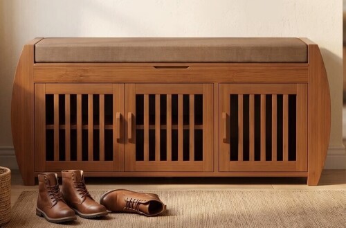 Canora Grey Brown Bamboo Shoe Storage Bench with Side Shelves & Hidden Seat Compartment &ndash; Entryway Bench for Several Pairs of Shoes, Lift-Top Cushion, Grille Doors New Shelf Pull $199