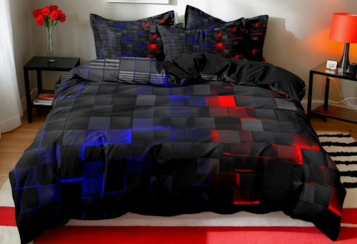 Shenglei Blue, Red and Black Geometric Block Print Microfiber Duvet Cover Set with 2 Pillowcases, Queen, 3-Piece (Inserts Not Included) New In Box $199